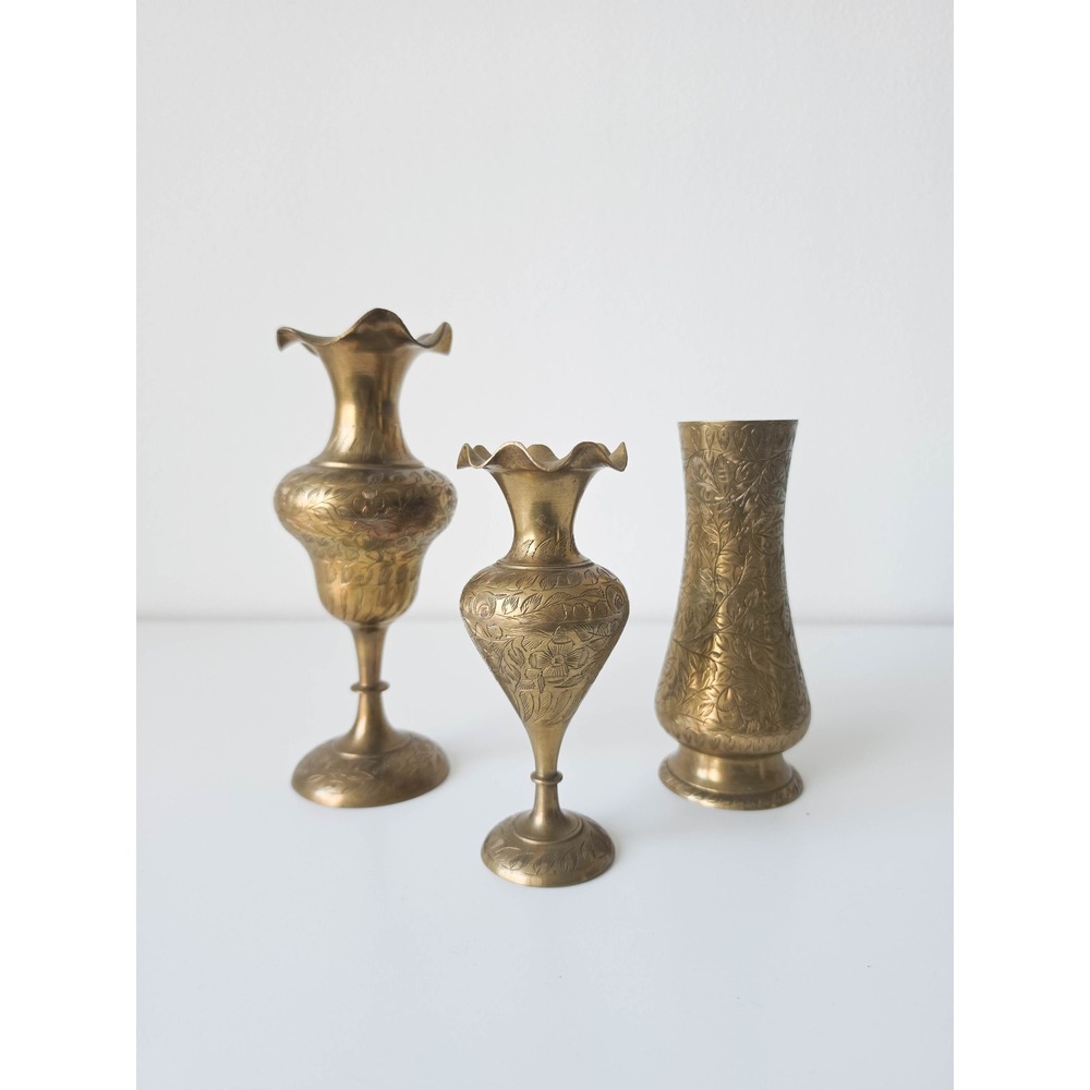 Vintage Etched Brass Vases Set of 3 Floral Hand Crafted India Boho Decor Vases